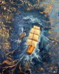 Alongside by Eric Paul, open-edition art print showing a whale beside an Age of Sail ship in deep blue water.