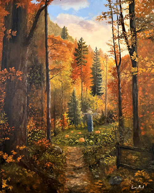 Birds Beware by Eric Paul, open-edition autumn landscape art print featuring a scarecrow, pumpkins, and colorful fall foliage.