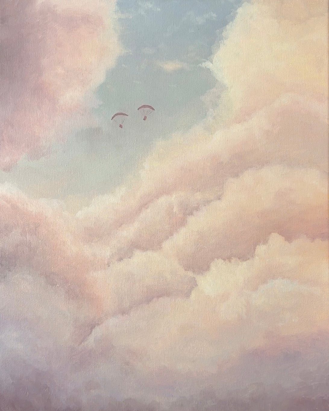 Cloud Hopping by Eric Paul, limited-edition skyscape art print showing two parasailers floating among pink and blue clouds.